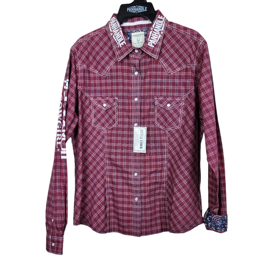Panhandle Rough Stock Rock & Roll Cowgirl Plaid NWT Pearl Shirt Women Size Large